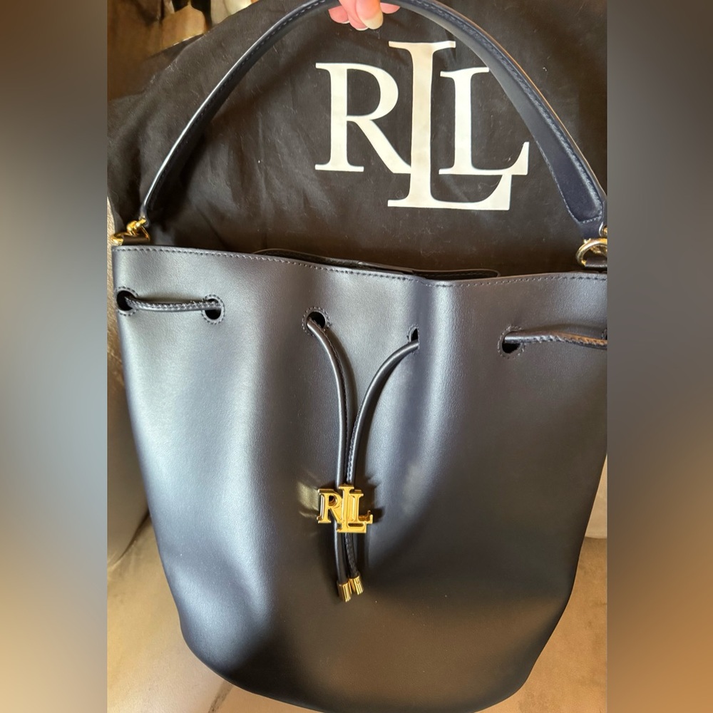 Ralph Lauren Navy Leather Drawstring Shoulder Bucket Bag with Gold RL Accent